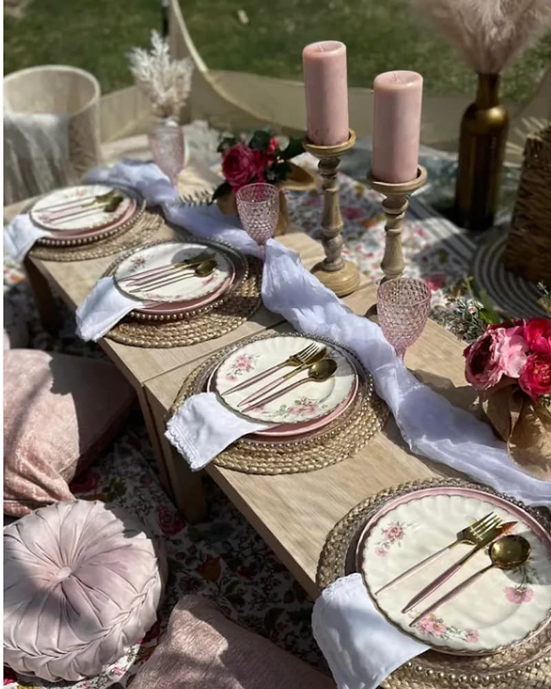 A pink themed luxe picnic set up with a low table, cushions and styled place settings.
