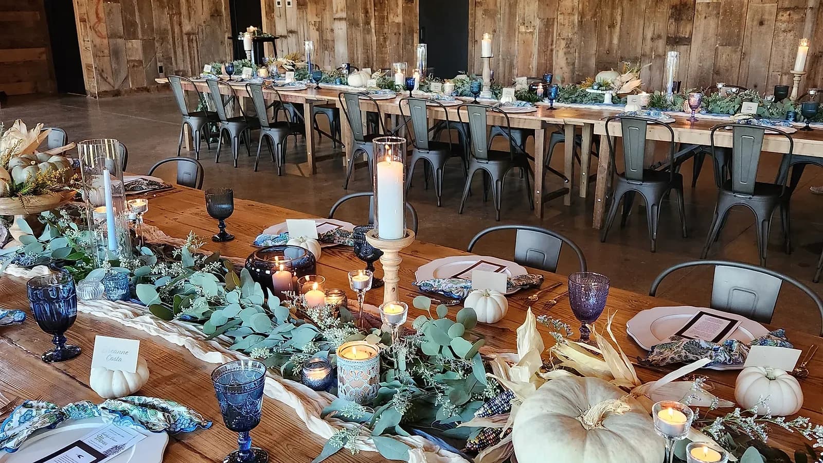 Wedding and event décor rentals from Something Blue, styled on a long reception table in Iowa.