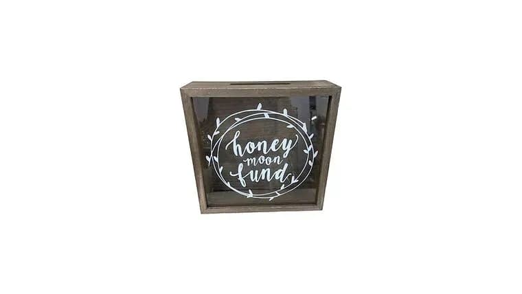 11"X11", Honeymoon Fund Box, Wood, Brown/White — available to rent from Something Blue