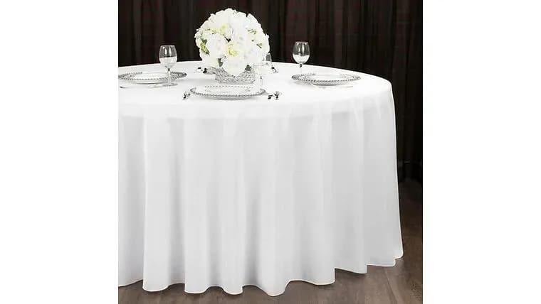 120" Round White Table Cloth — available to rent from Something Blue
