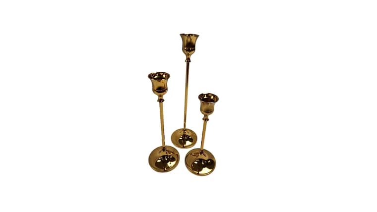 3 Piece Gold Taper Candle Holder — available to rent from Something Blue