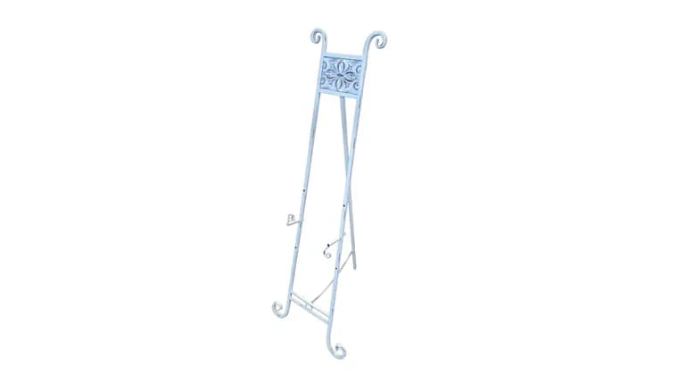 55" Whitewash Metal Tall Easel — available to rent from Something Blue