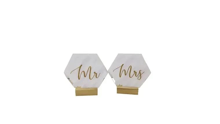 Acrylic White/Gold Mr. & Mrs. 2pc, Sign — available to rent from Something Blue