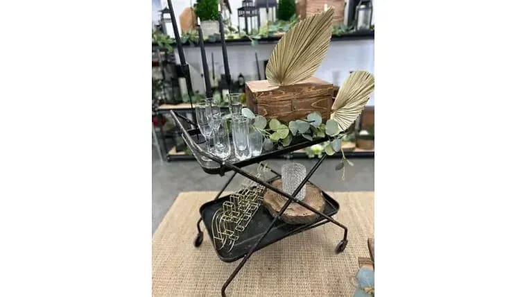 BLACK VINTAGE BAR CART — available to rent from Something Blue