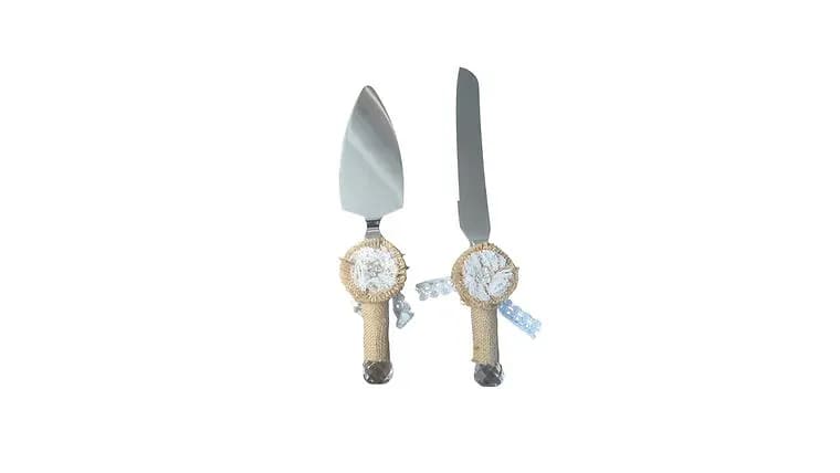Burlap/Lace Silver Cake Cutting Set — available to rent from Something Blue