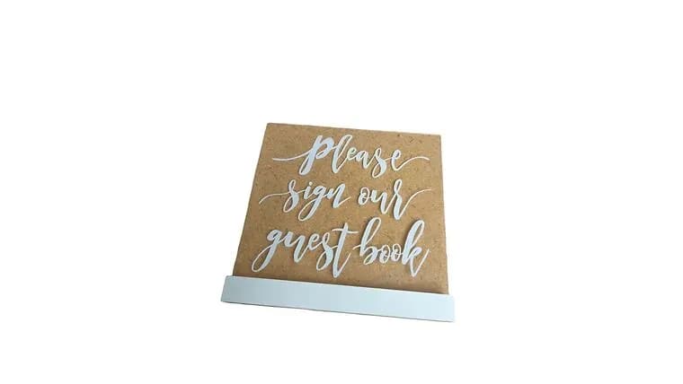 Clear Acrylic "Please sign our guest book" Sign — available to rent from Something Blue