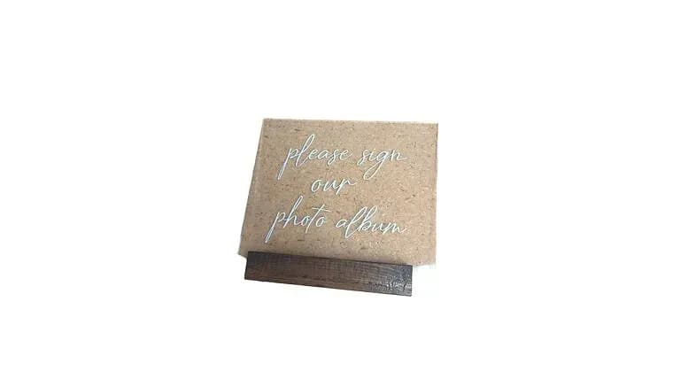 Clear Arylic "Please sign our photo album" Sign w/stand — available to rent from Something Blue