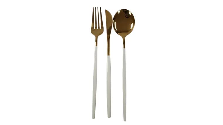 Gold with White Handle Silverware Set — available to rent from Something Blue