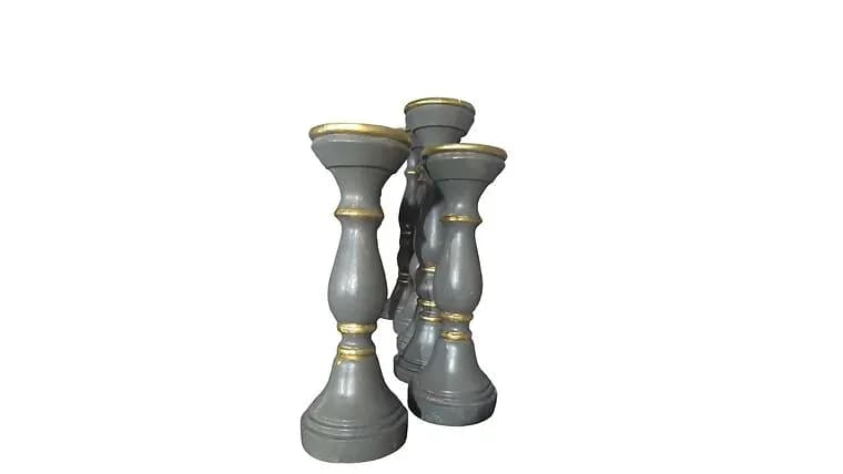 Gray w/Gold Trim Distressed Wooden Candle Stick — available to rent from Something Blue