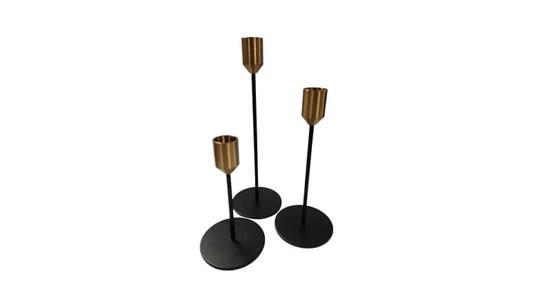 Matte Black w/Gold Detail Skinny Candle Holders — available to rent from Something Blue