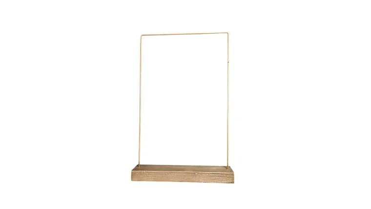 Sign Holder Wood Base w/Gold Frame 14.5"W X 24"T — available to rent from Something Blue