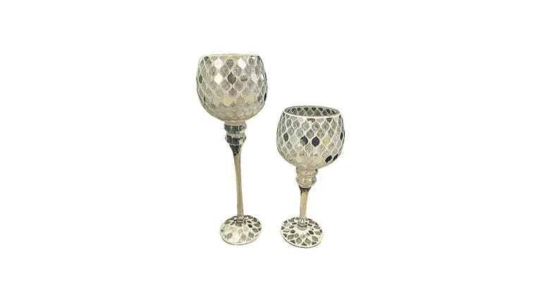 Silver Mosaic Candle holder 11.5" — available to rent from Something Blue