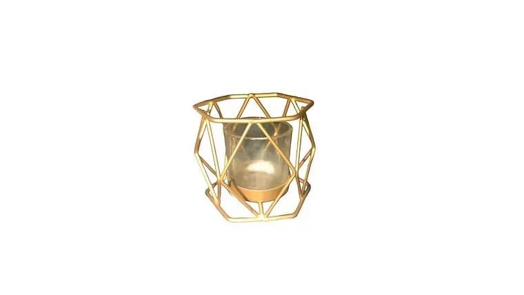 Small Gold Geometric Metal Votive Candle Holder/ Flower Vase — available to rent from Something Blue