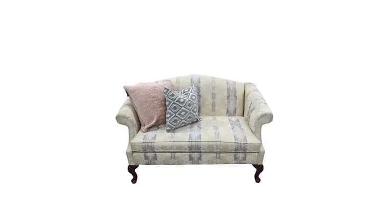 Vintage ivory and blue loveseat — available to rent from Something Blue