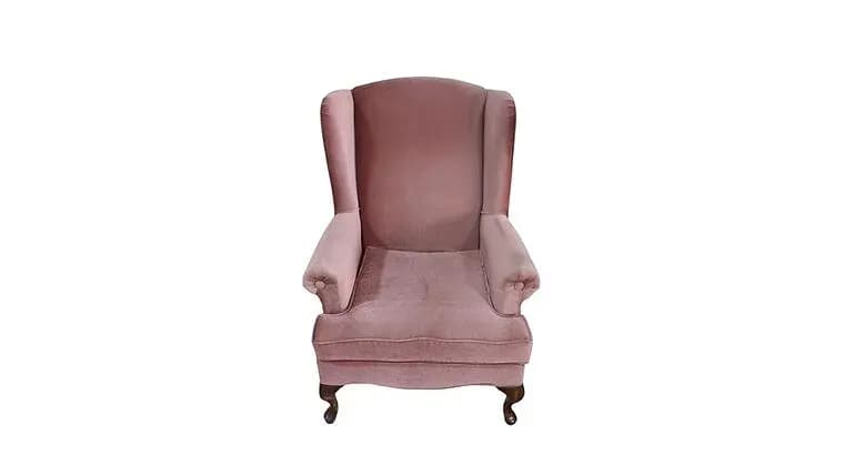 Vintage pink Wing Back Velvet Chair — available to rent from Something Blue
