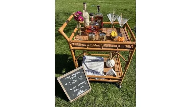 Wicker Bar Cart — available to rent from Something Blue